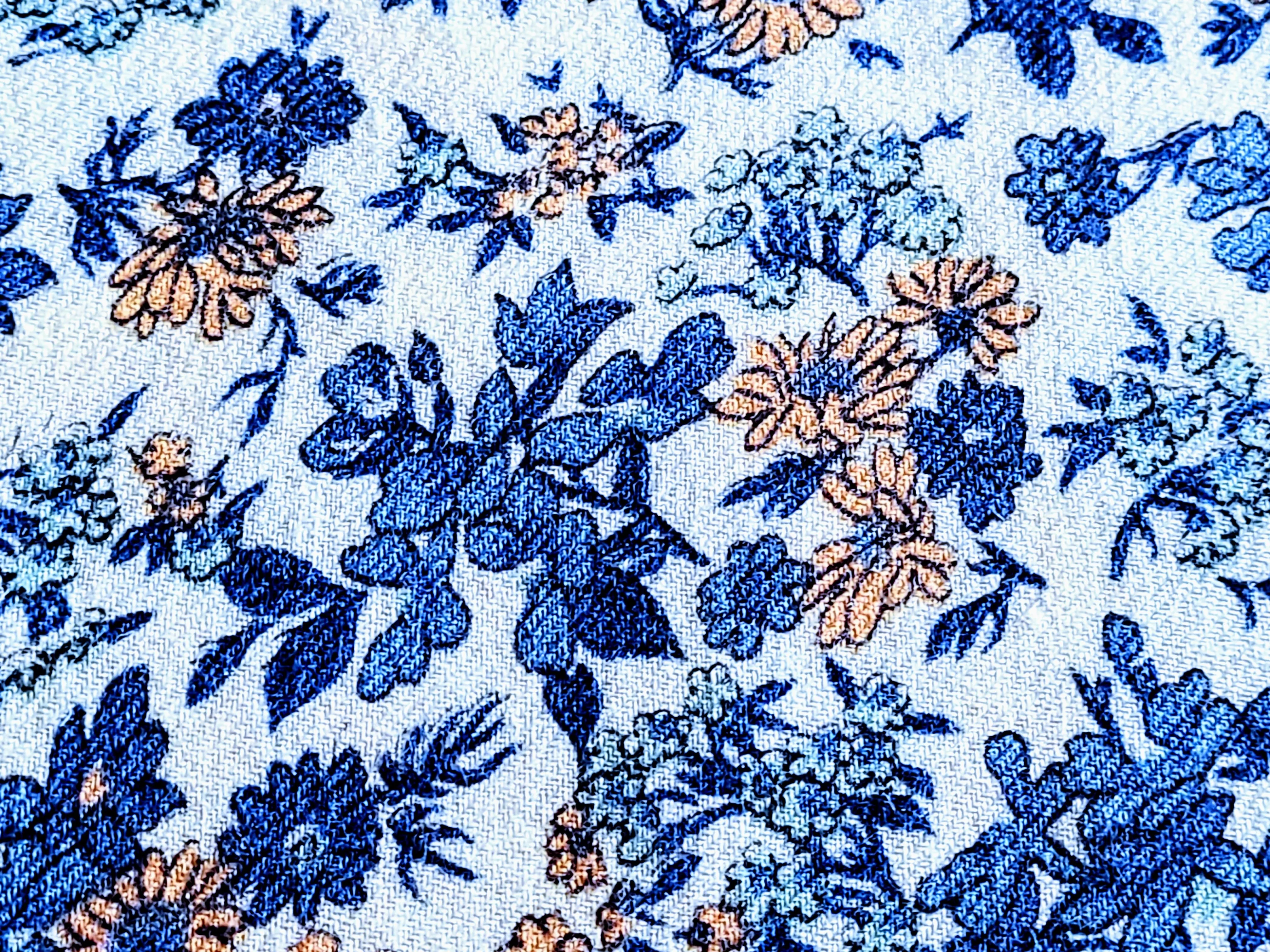 1960s 1970s Retro Fabric - Wool Challis - Floral Blue Yellow  - 6WLCH5