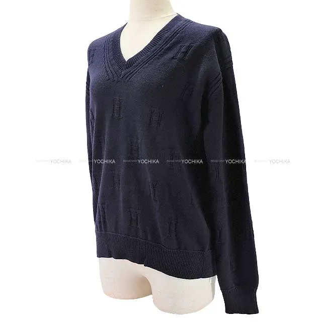 2019AW HERMES Knit Ladies With Voyage H pattern knit H logo with porch Navy Wool 36[EXCELLENT][Authentic]