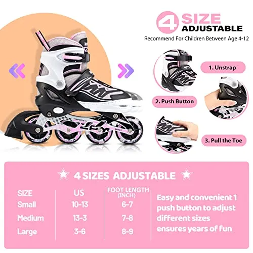 2PM SPORTS Cytia Pink Girls Adjustable Illuminating Inline Skates with Light up Wheels, Fun Flashing Beginner Roller Skates for Kids