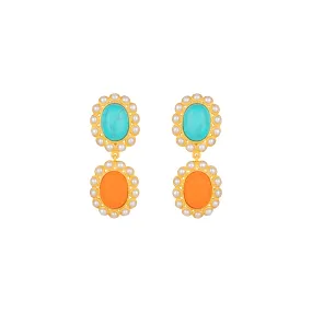 Ada Earrings Orange Coral, Turquoise & Pearls