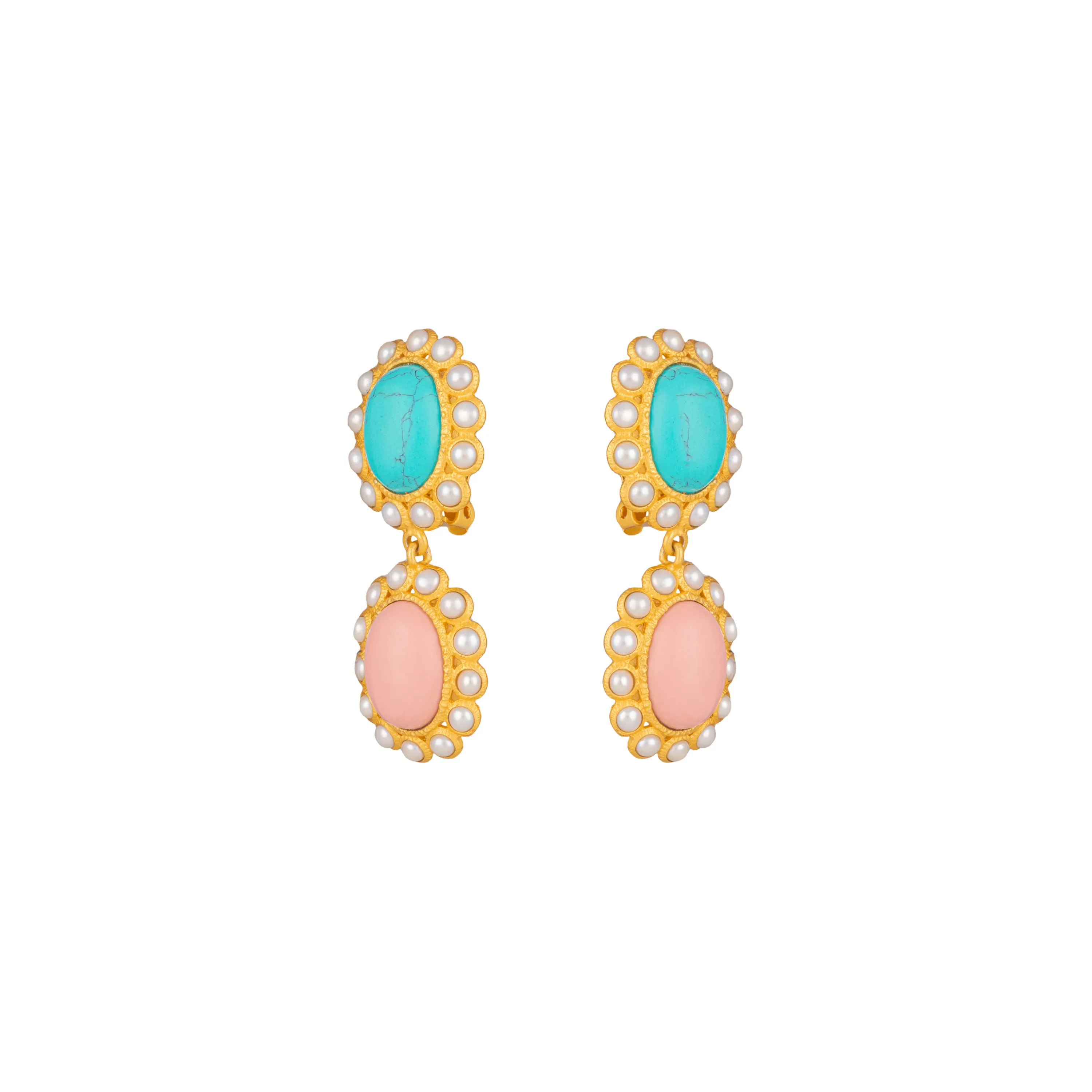 Ada Earrings Pink Coral, Turquoise & Pearls