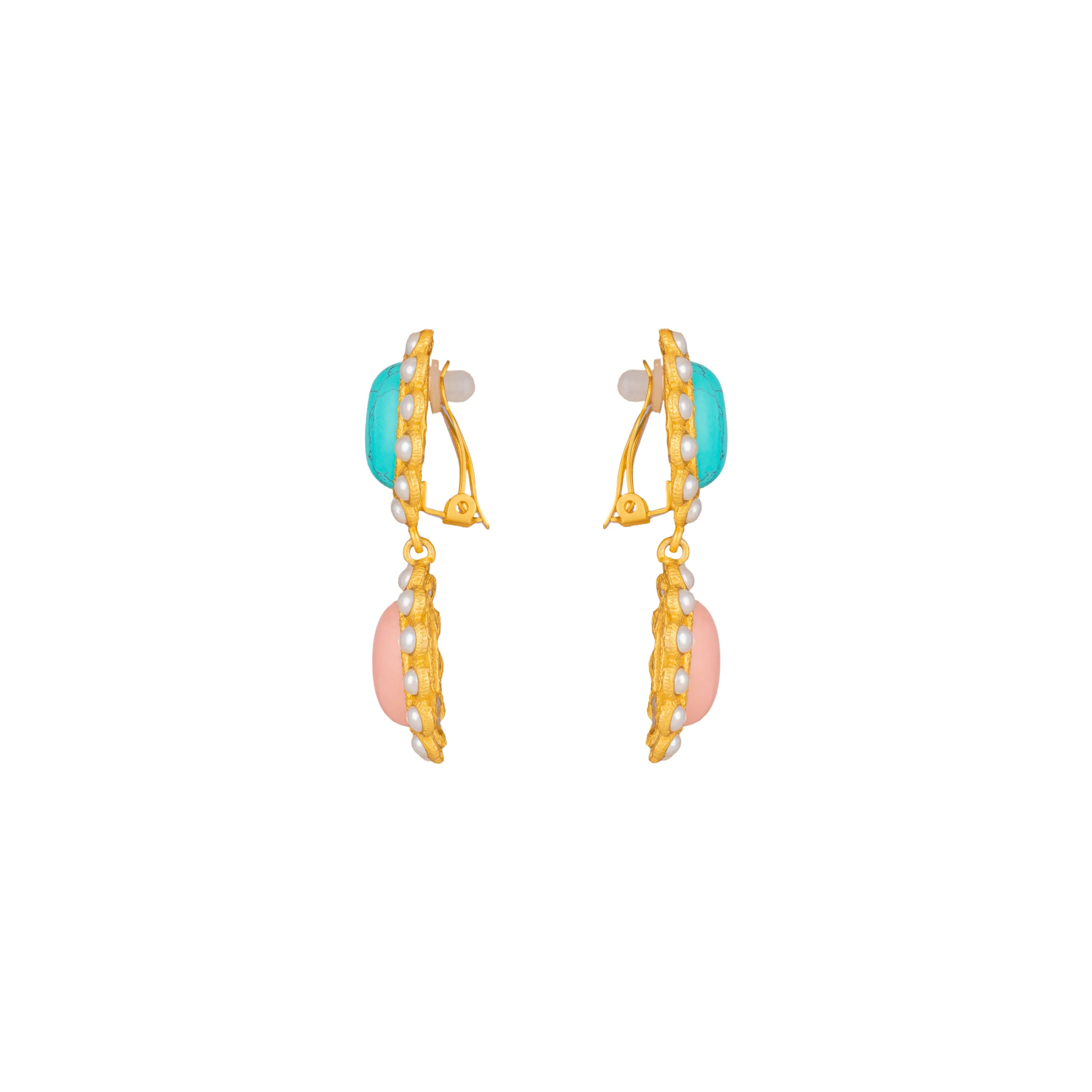 Ada Earrings Pink Coral, Turquoise & Pearls