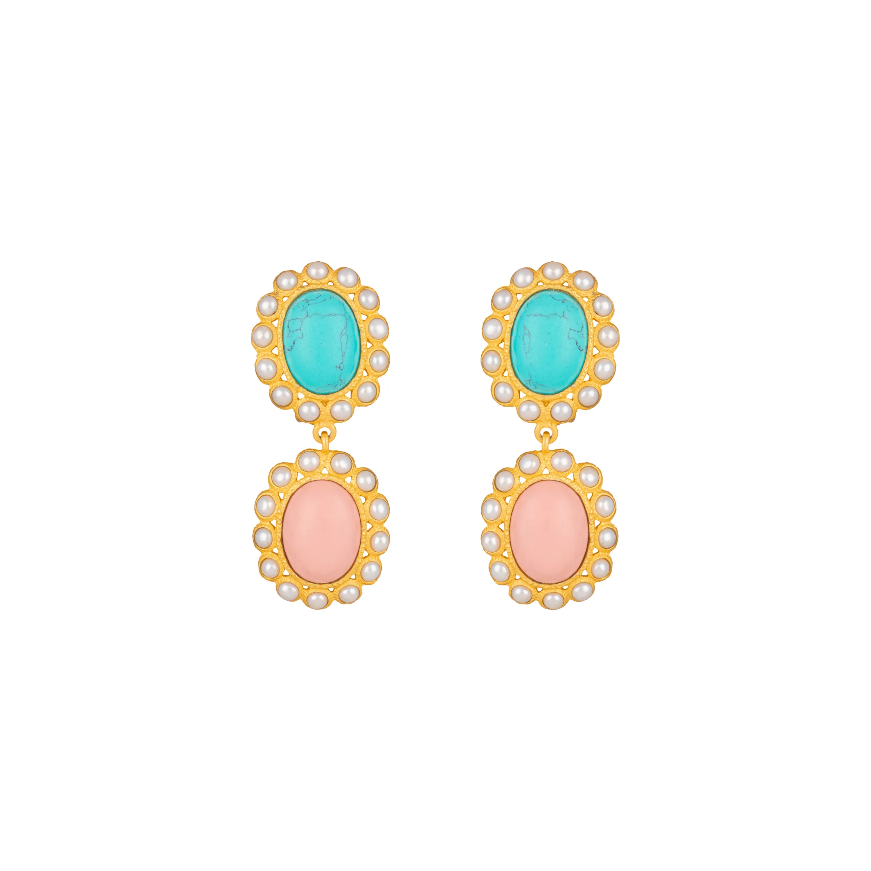 Ada Earrings Pink Coral, Turquoise & Pearls