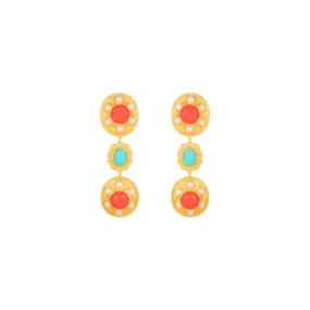 Amara Earrings Red Coral, Turquoise & Pearls