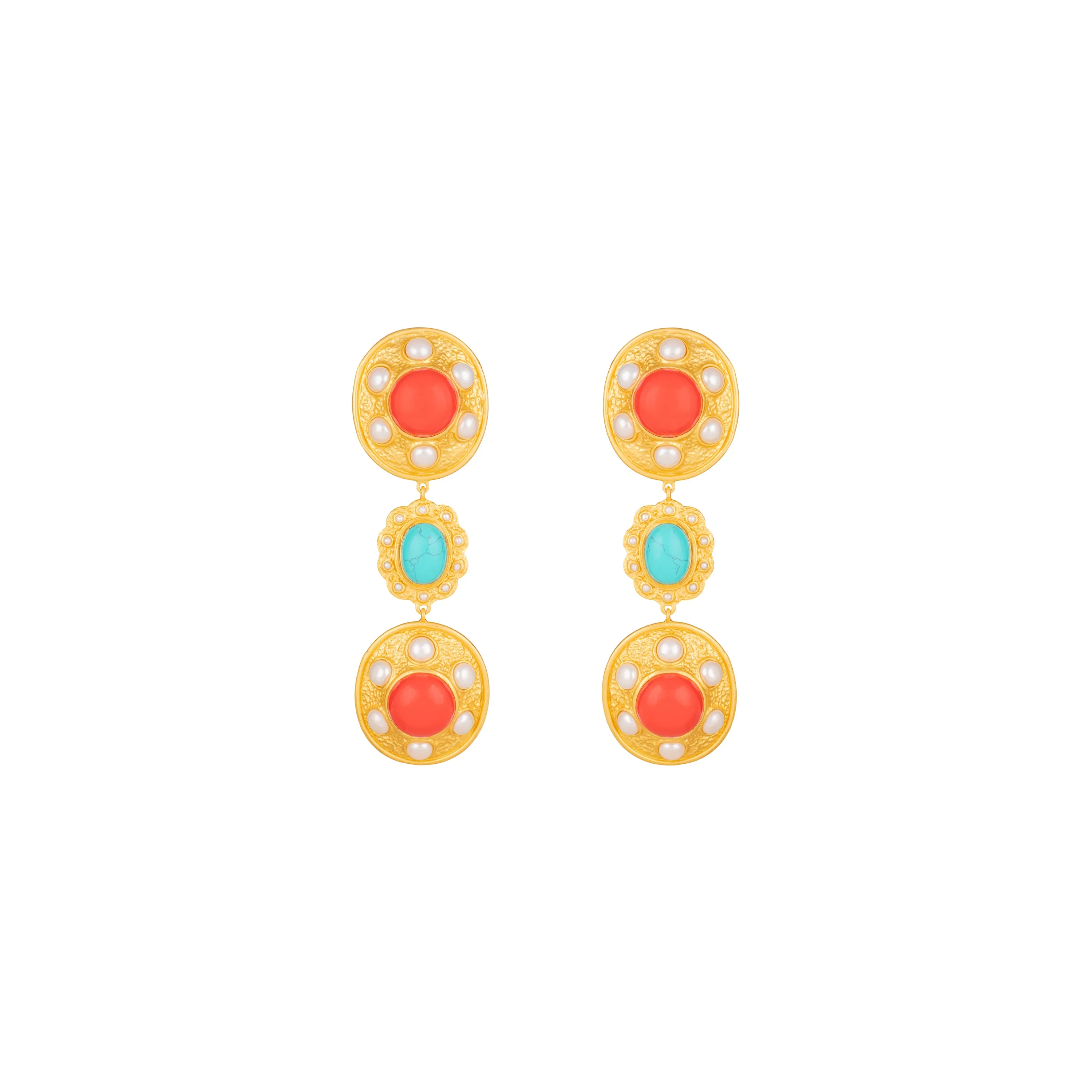 Amara Earrings Red Coral, Turquoise & Pearls