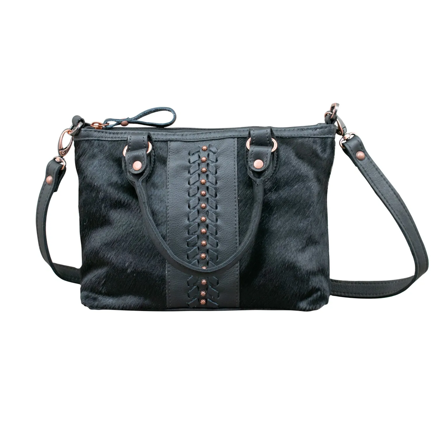 American West Womens Cow Town Black Hair-On Leather Satchel Bag