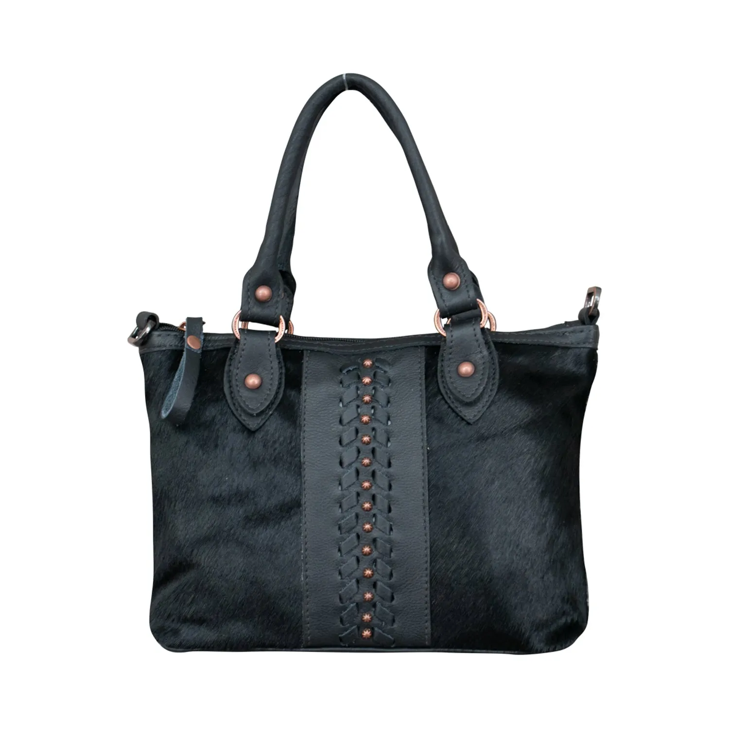 American West Womens Cow Town Black Hair-On Leather Satchel Bag