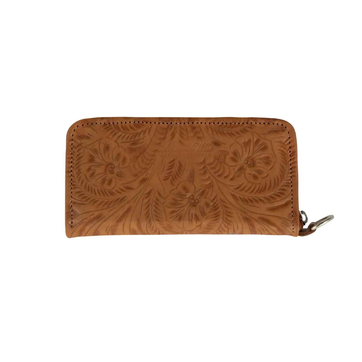 American West Womens Hand Tooled Natural Tan Leather Zip Around Wallet