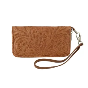 American West Womens Hand Tooled Natural Tan Leather Zip Around Wallet