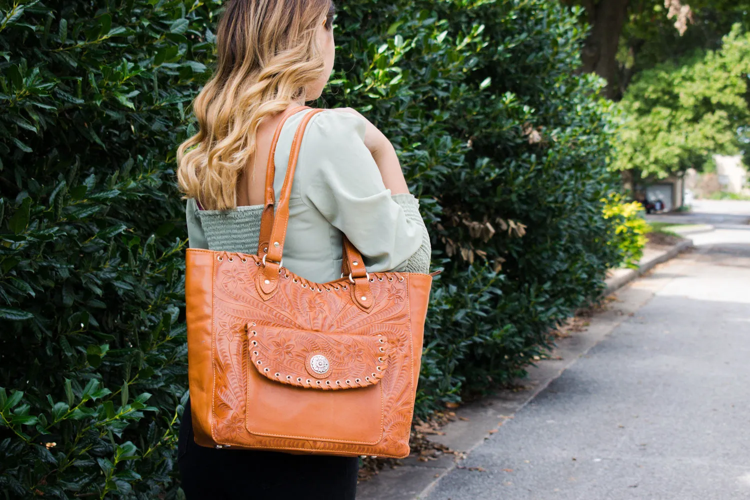 American West Womens Harvest Moon Natural Tan Leather Shoulder Tote Bag