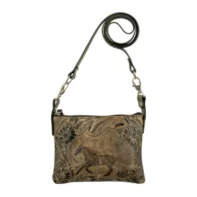 American West Womens Hitchin Post Distressed Charcoal Leather Crossbody Bag