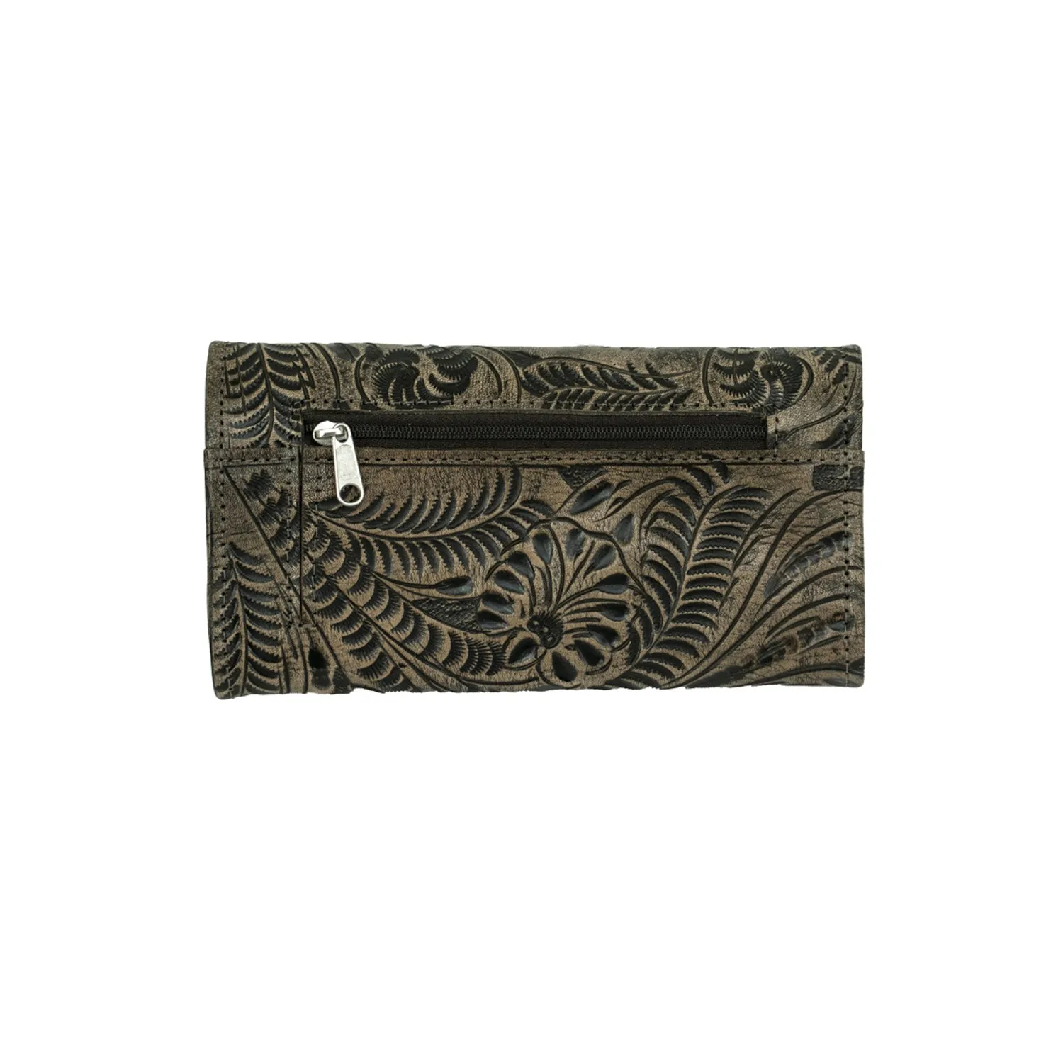 American West Womens Hitchin Post Distressed Charcoal Leather Trifold Wallet