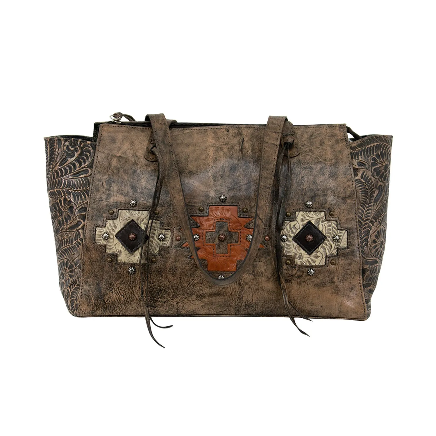 American West Womens Navajo Soul CC Distressed Charcoal Leather Handbag Bag