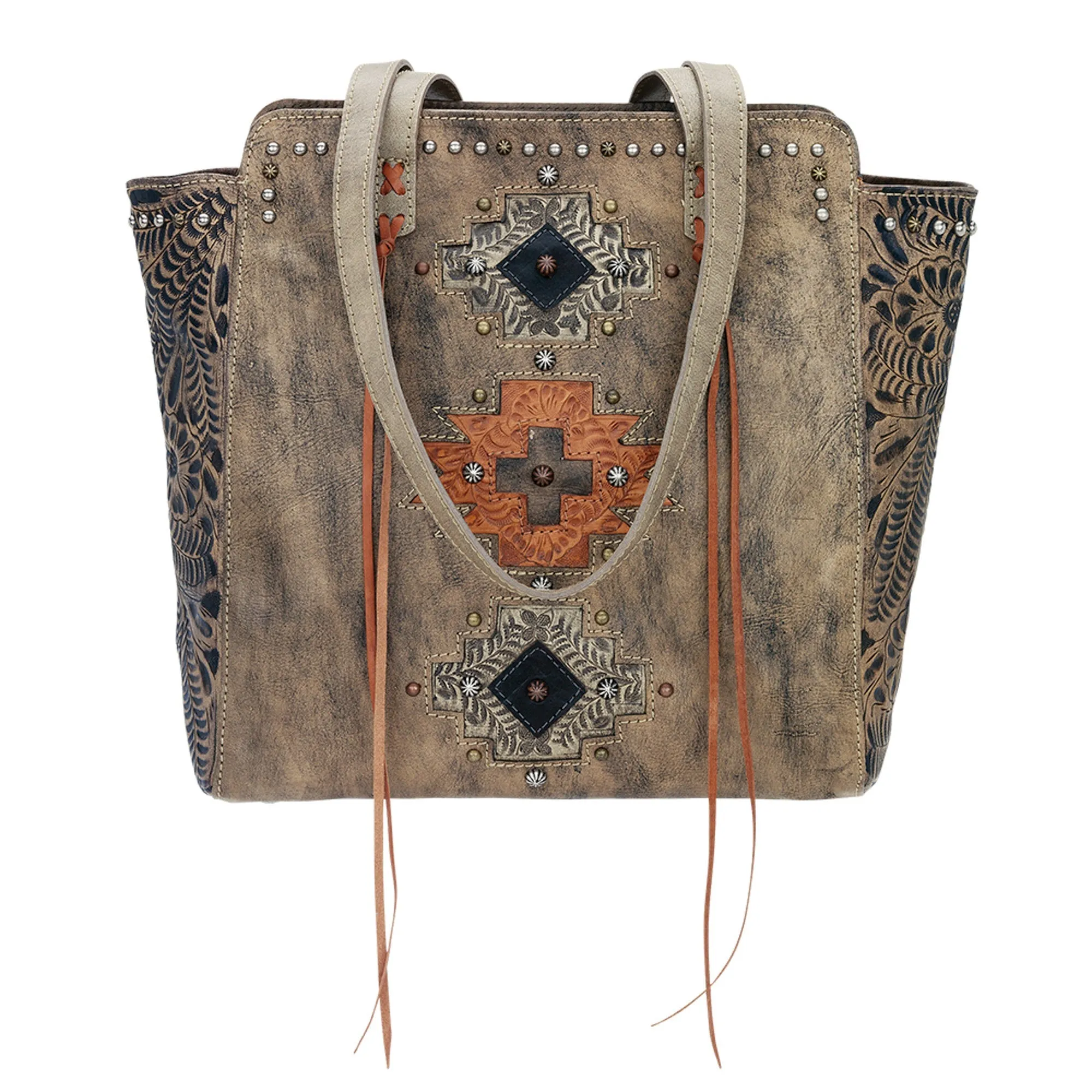 American West Womens Navajo Soul Distressed Charcoal Brown Leather Handbag Bag