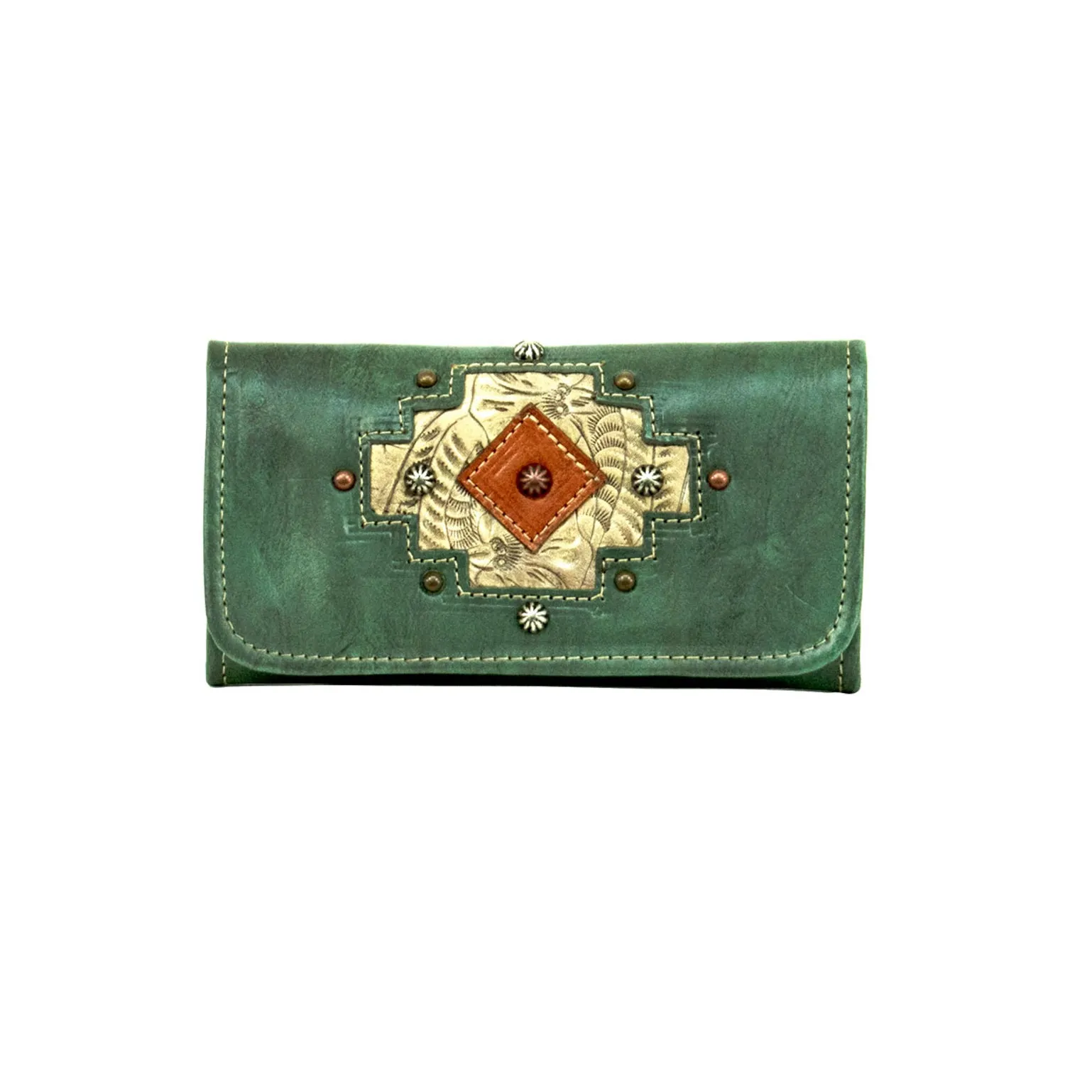 American West Womens Navajo Soul Light Turquoise Leather Trifold Wallet