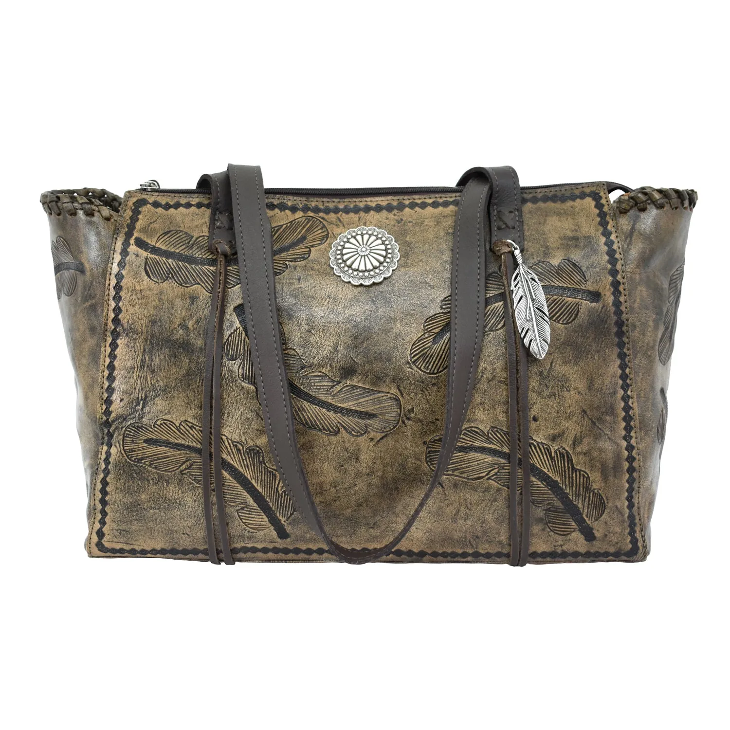 American West Womens Sacred Bird CC Distressed Charcoal Brown Leather Tote Bag