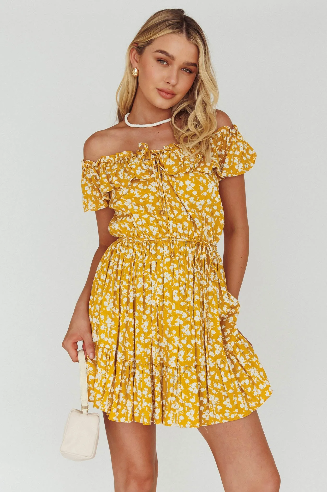 Andie Off-Shoulder Frill Dress Floral Yellow