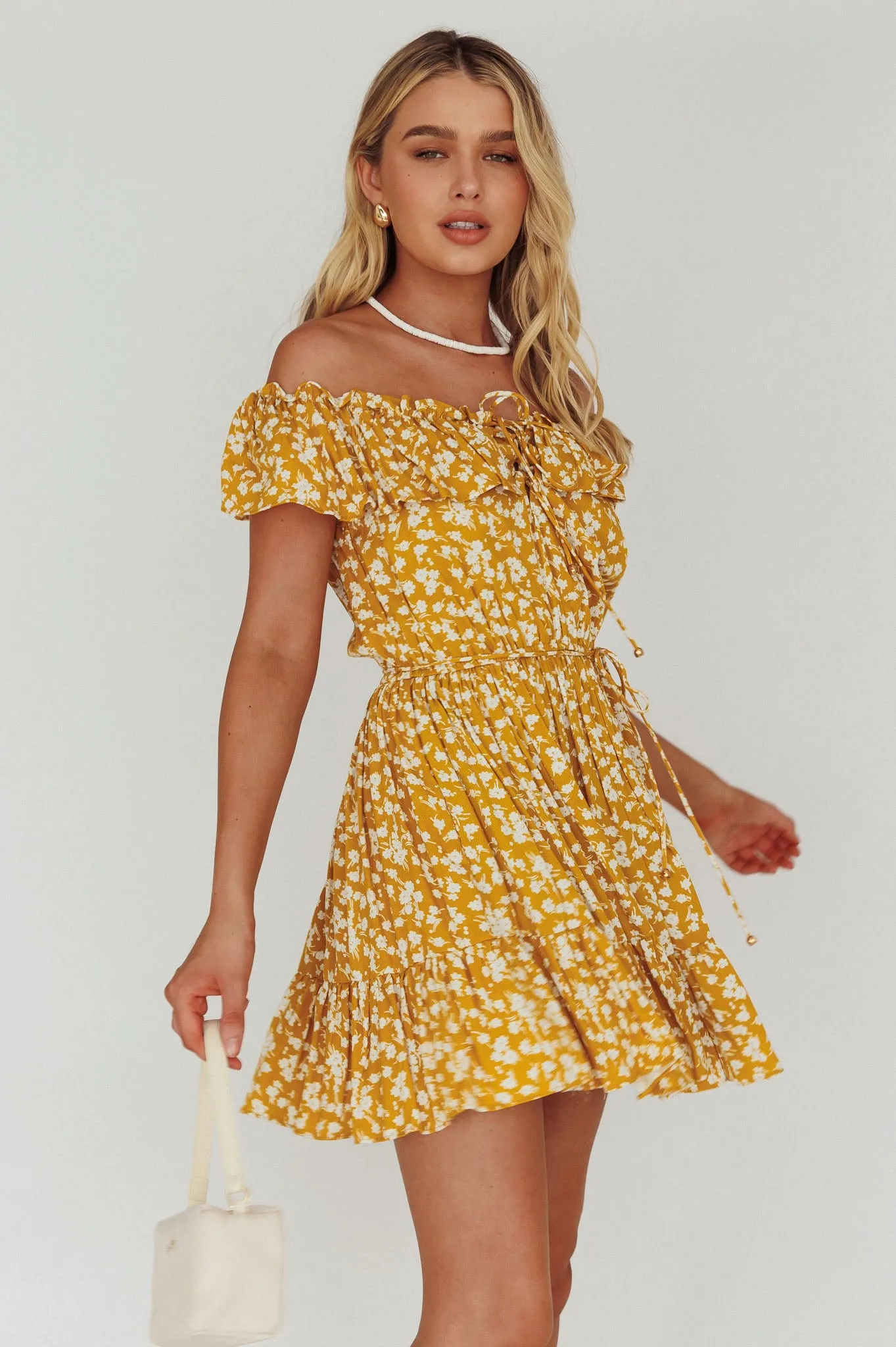 Andie Off-Shoulder Frill Dress Floral Yellow