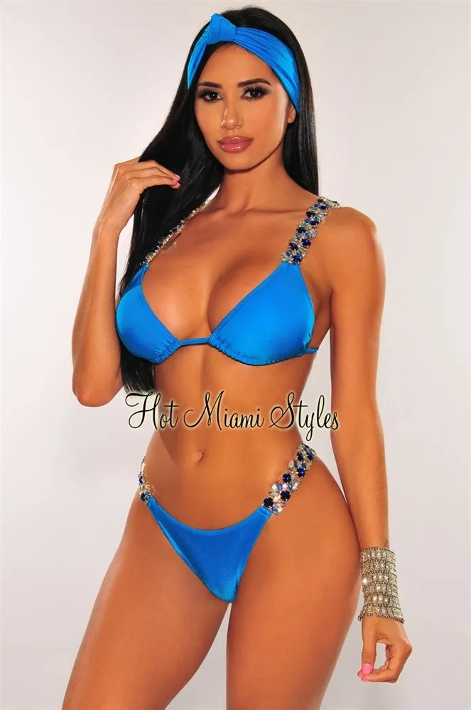 Aqua Jeweled Tie Up Padded Bikini Bottom