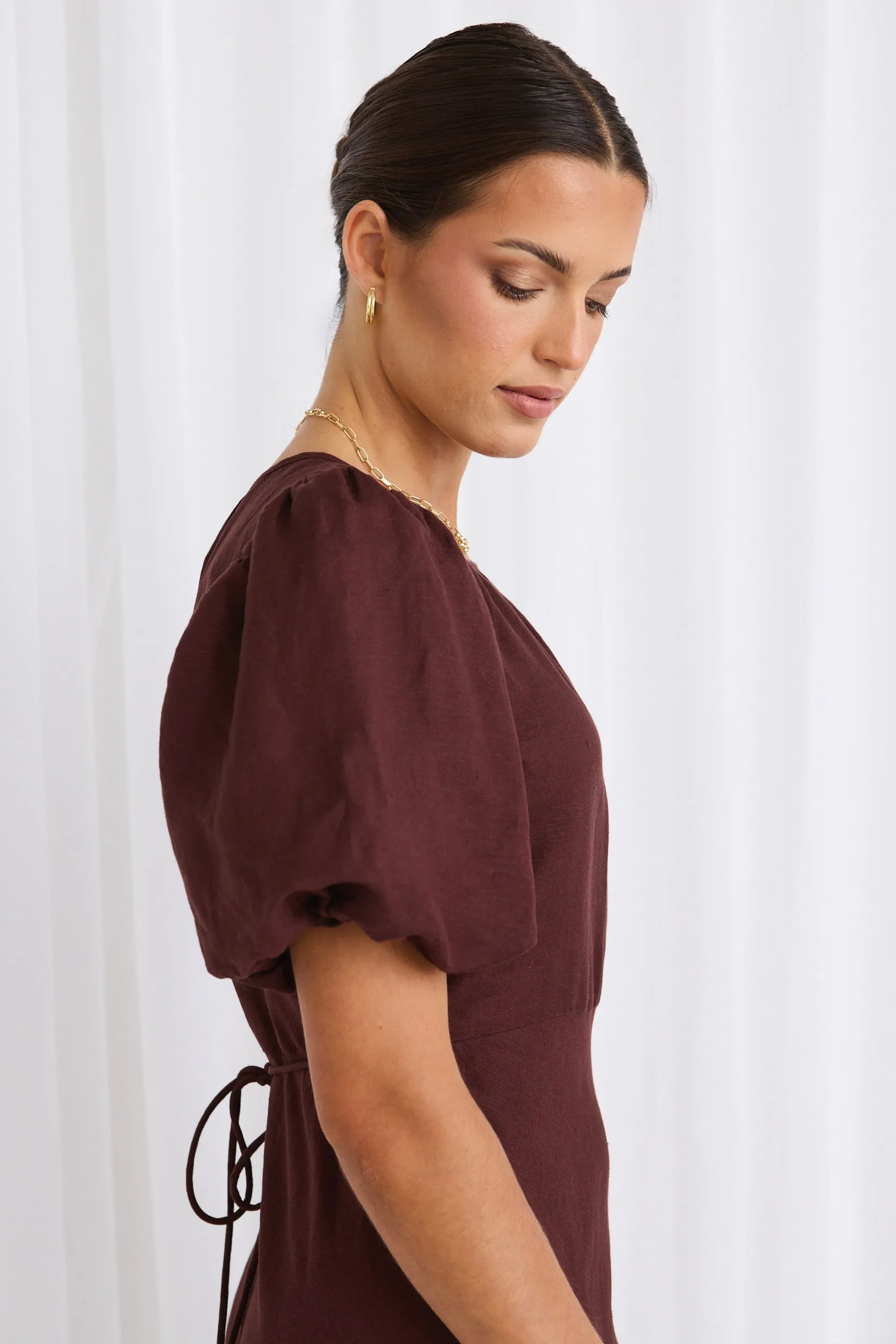 Astrid Cocoa Linen Blend Puff Sleeve Bias Dress