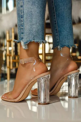 Big Reveal Clear Strap Block High Heels - Nude