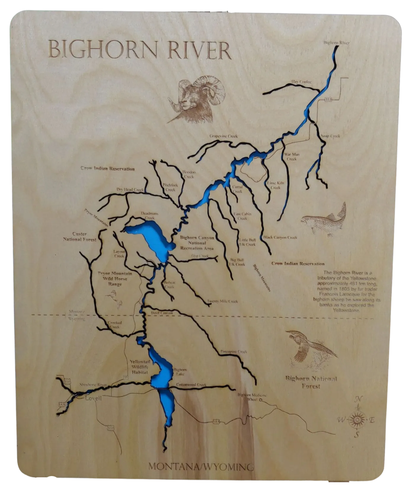 Bighorn River, Montana and Wyoming- Laser Cut Wood Map