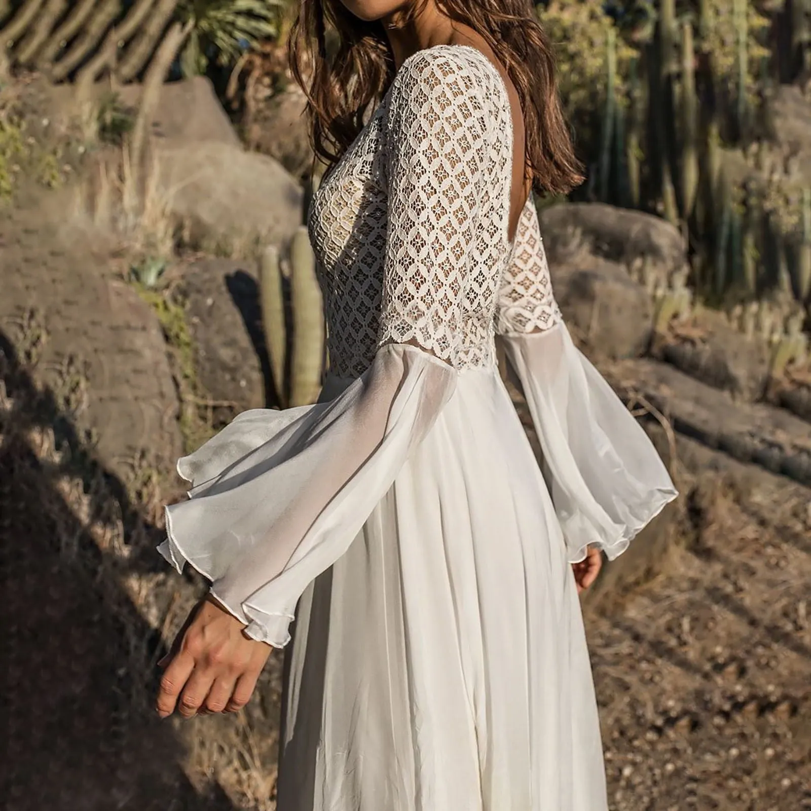 Boho Lace Mesh V Neck Maxi Dress