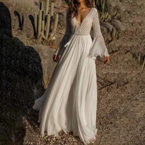 Boho Lace Mesh V Neck Maxi Dress