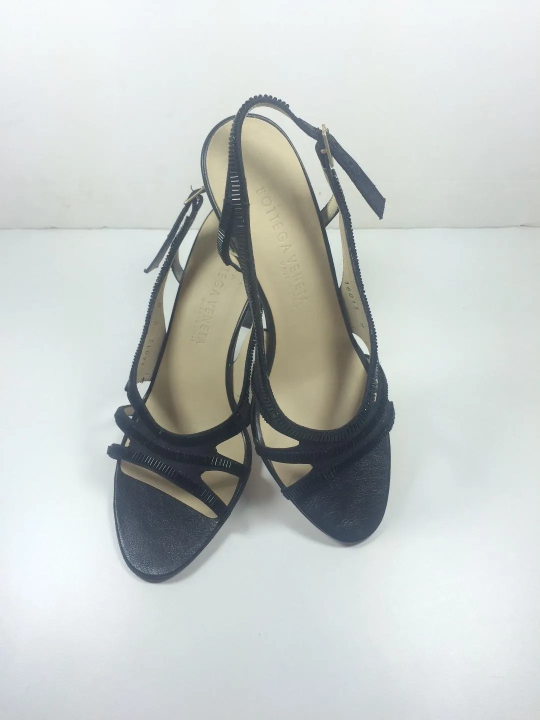 BOTTEGA VENETA Black Satin and Leather Beaded Slingback Heels Size 8