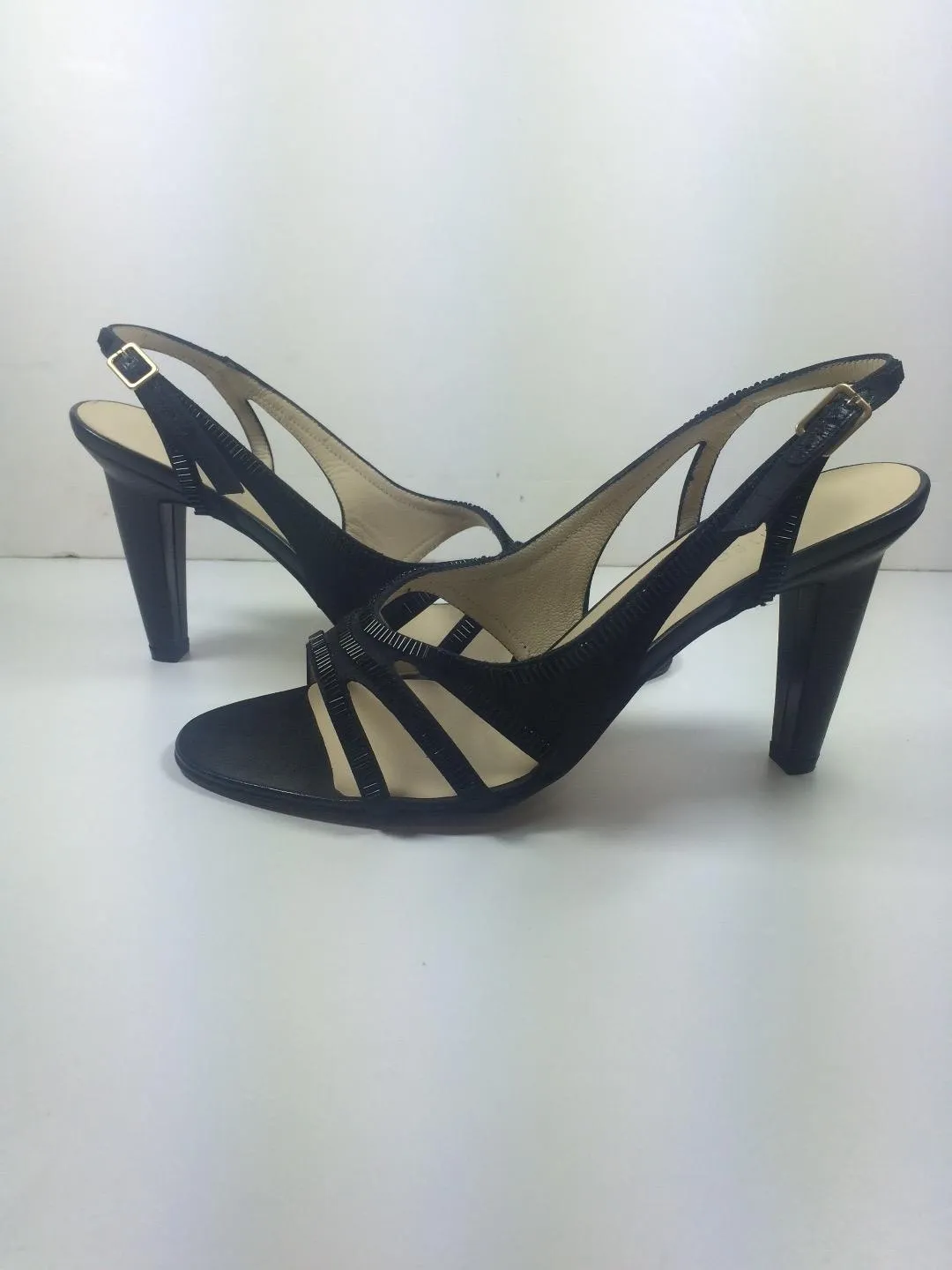 BOTTEGA VENETA Black Satin and Leather Beaded Slingback Heels Size 8