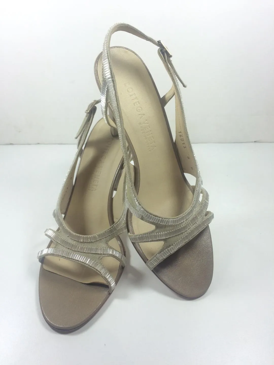 BOTTEGA VENETA Taupe Satin and Leather Beaded Slingback Heels Size 8