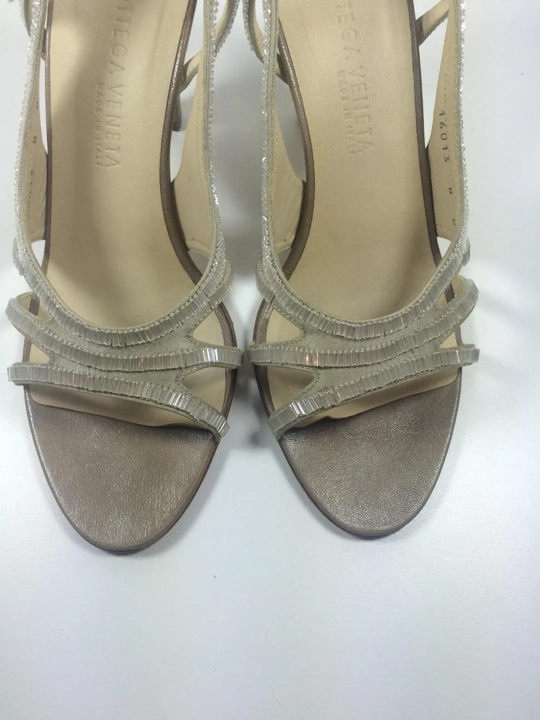 BOTTEGA VENETA Taupe Satin and Leather Beaded Slingback Heels Size 8