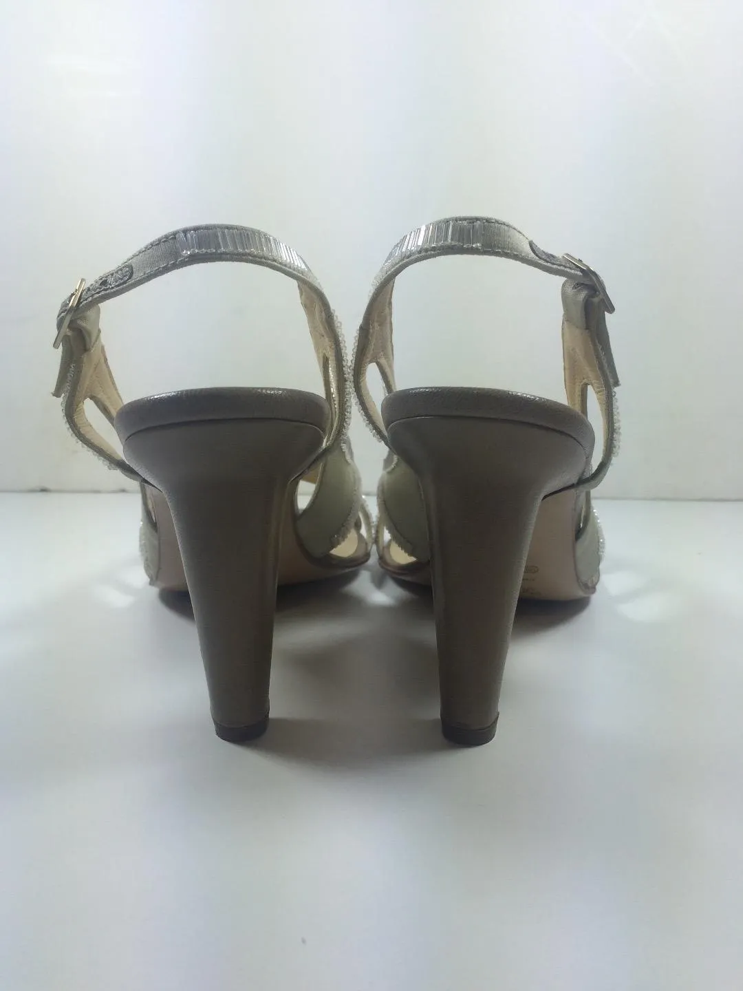 BOTTEGA VENETA Taupe Satin and Leather Beaded Slingback Heels Size 8