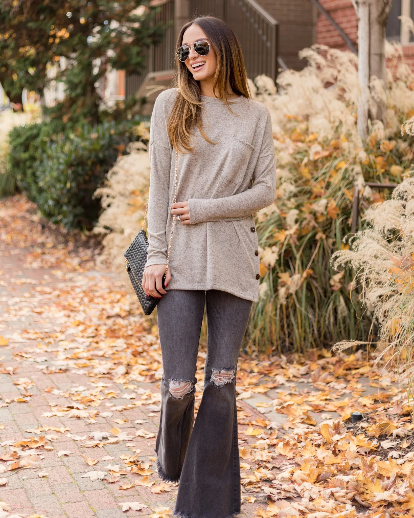 Brianne Brushed Knit Button Top - Oatmeal