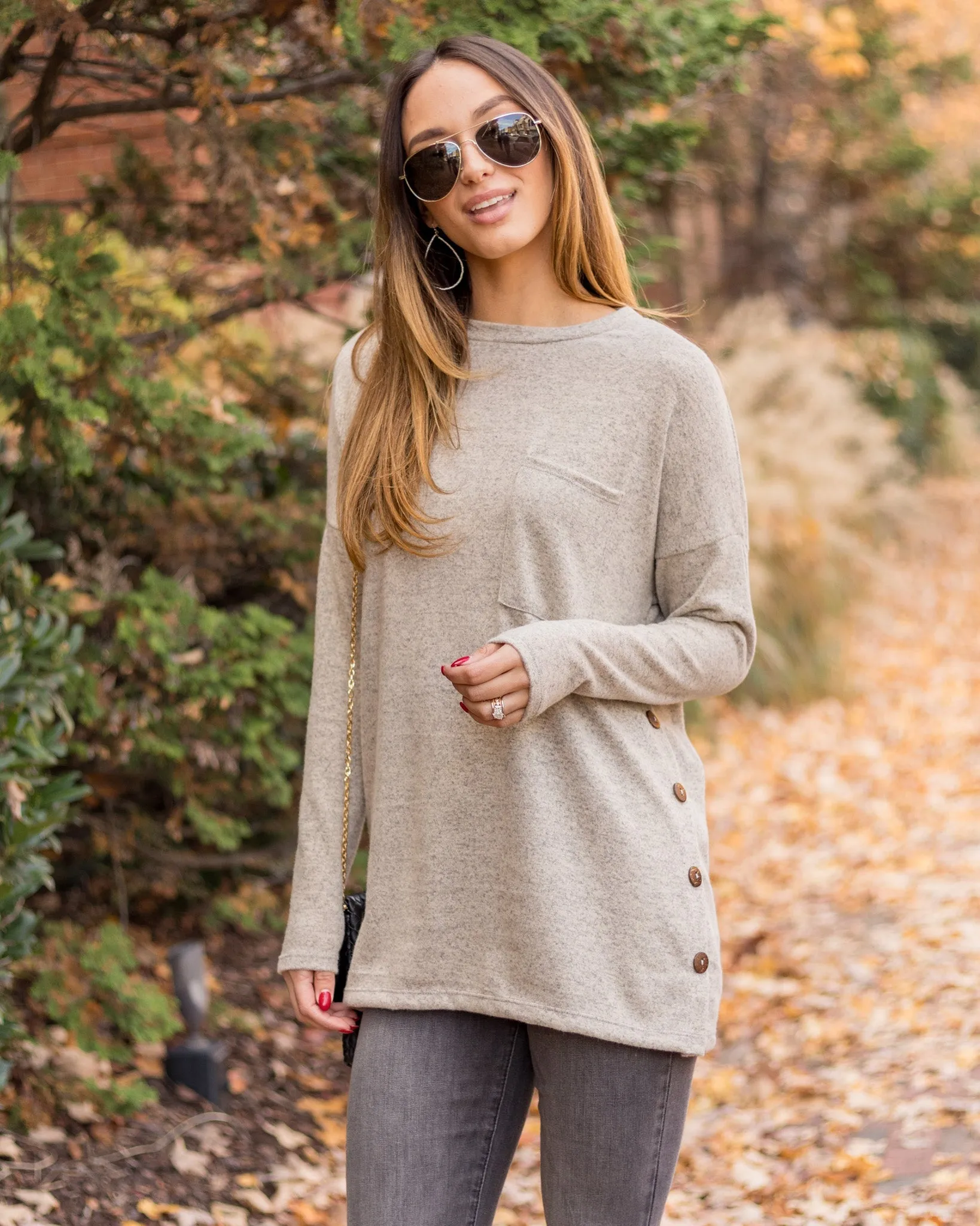 Brianne Brushed Knit Button Top - Oatmeal