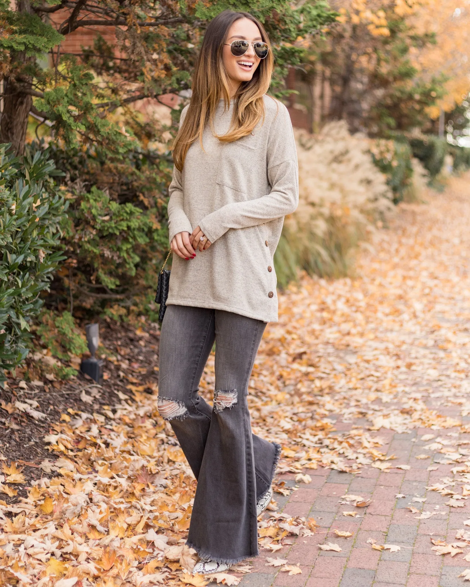 Brianne Brushed Knit Button Top - Oatmeal