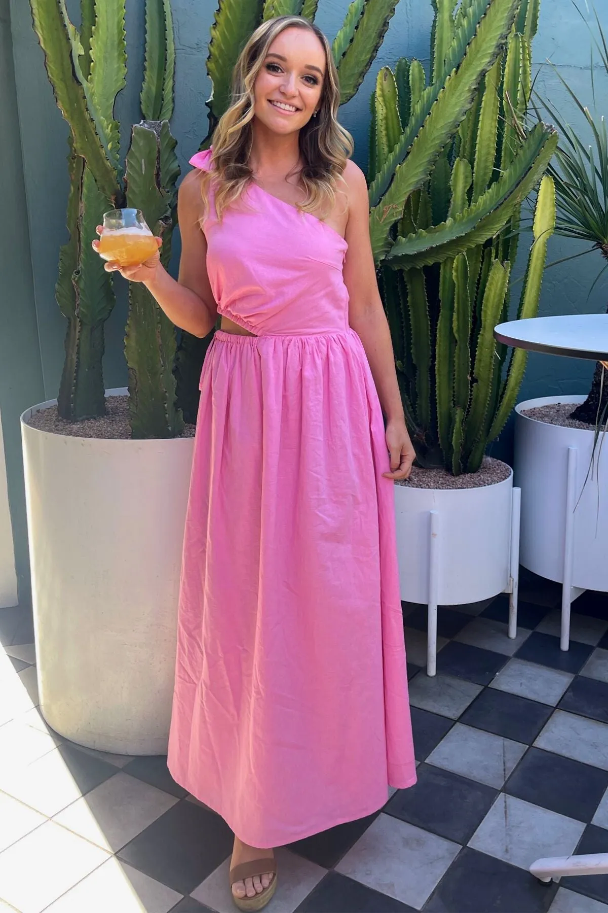 BY NICOLA Gabriella One Shoulder Midi Dress (Pink Grapefruit)