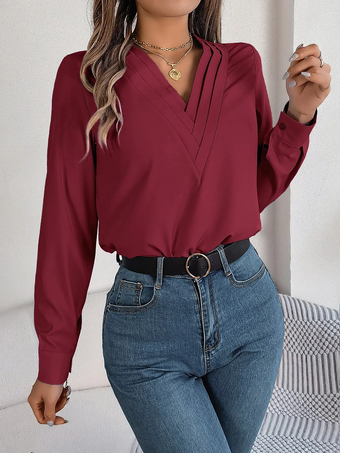 Casual Solid Color V Neck Long Sleeve Blouse