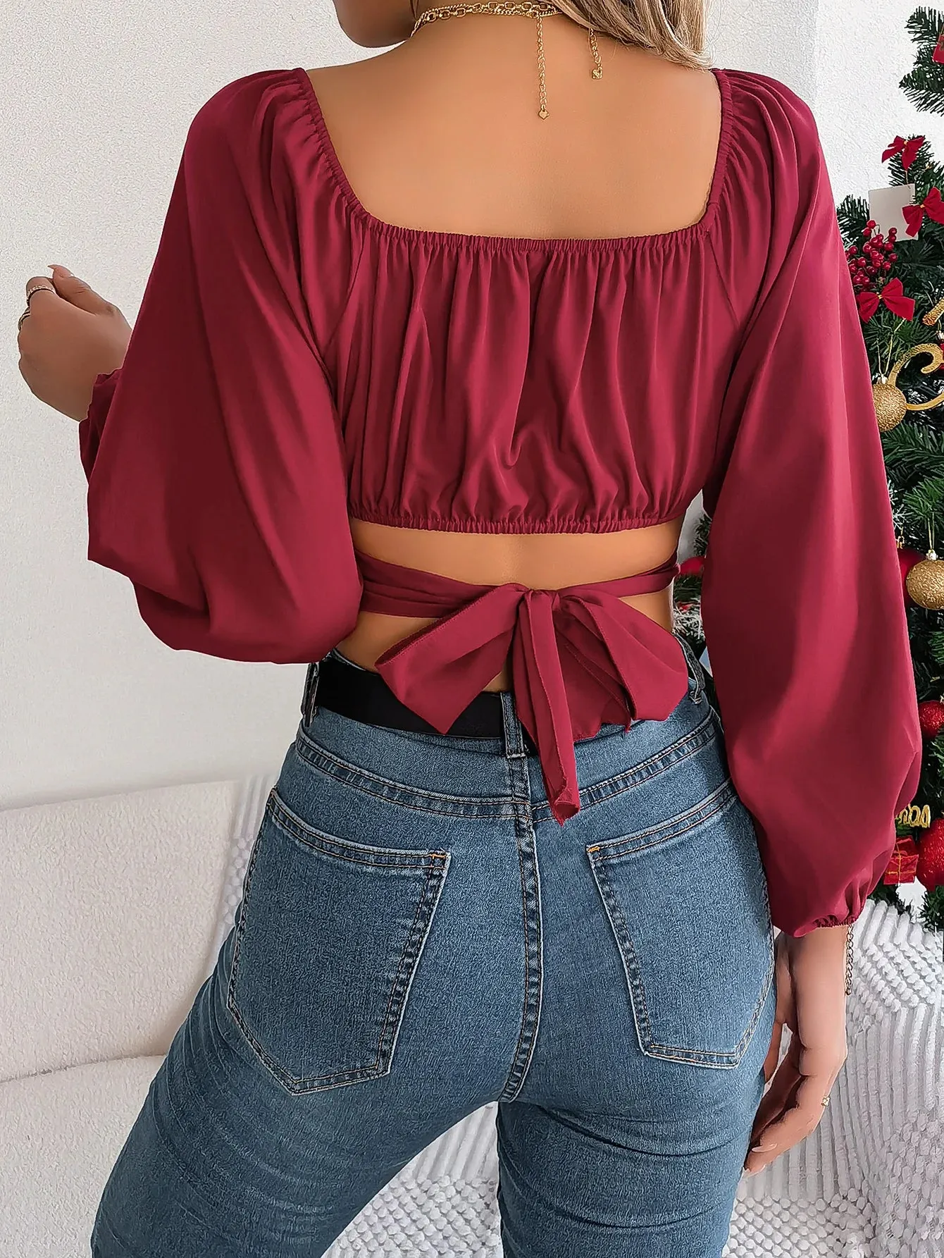 Casual Square Neck Cross Tie Back Crop Lantern Sleeve Slim Blouse