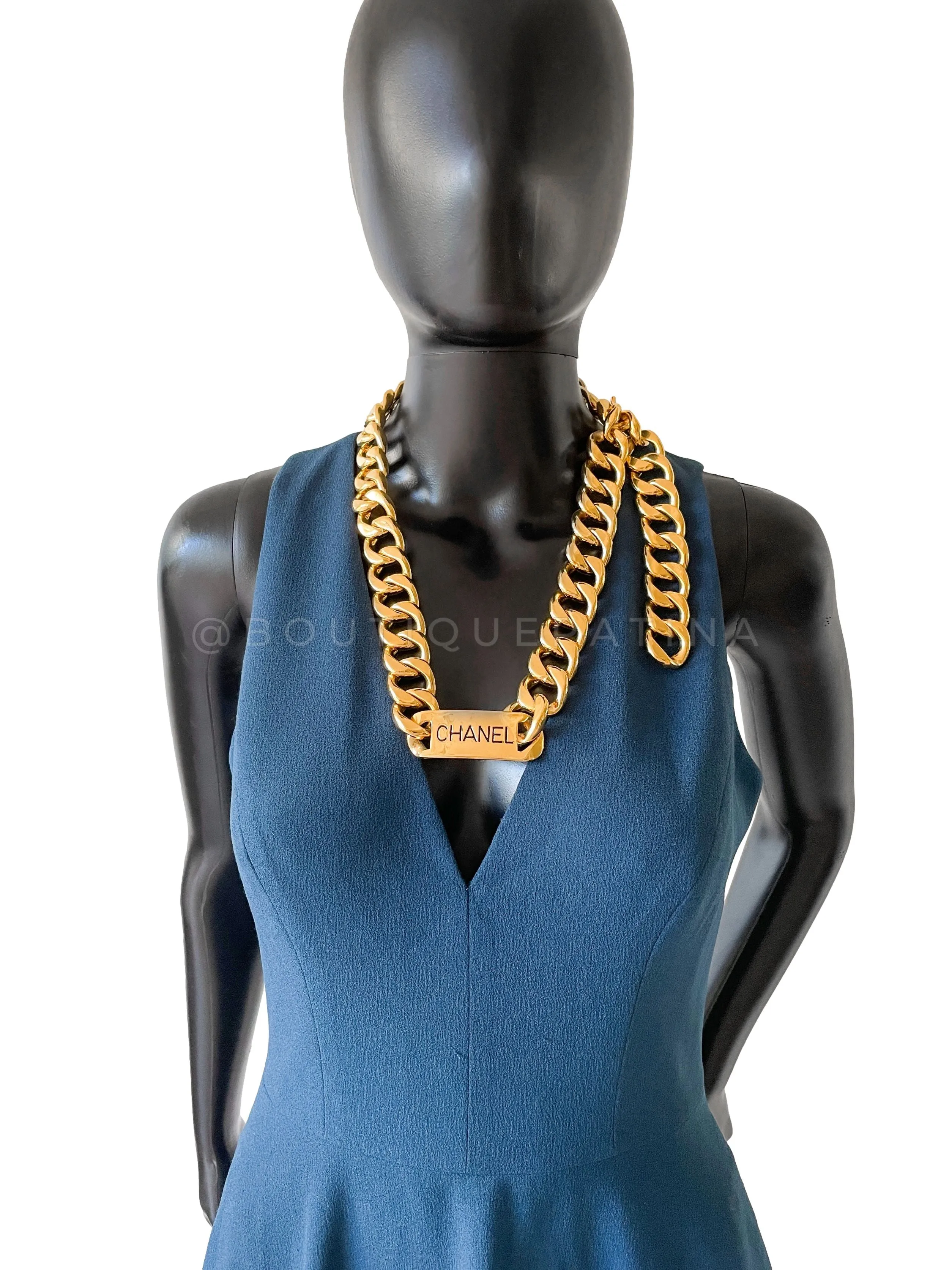 Chanel 1980s Vintage ID Tag Chunky Chain Necklace Belt Gold Plated