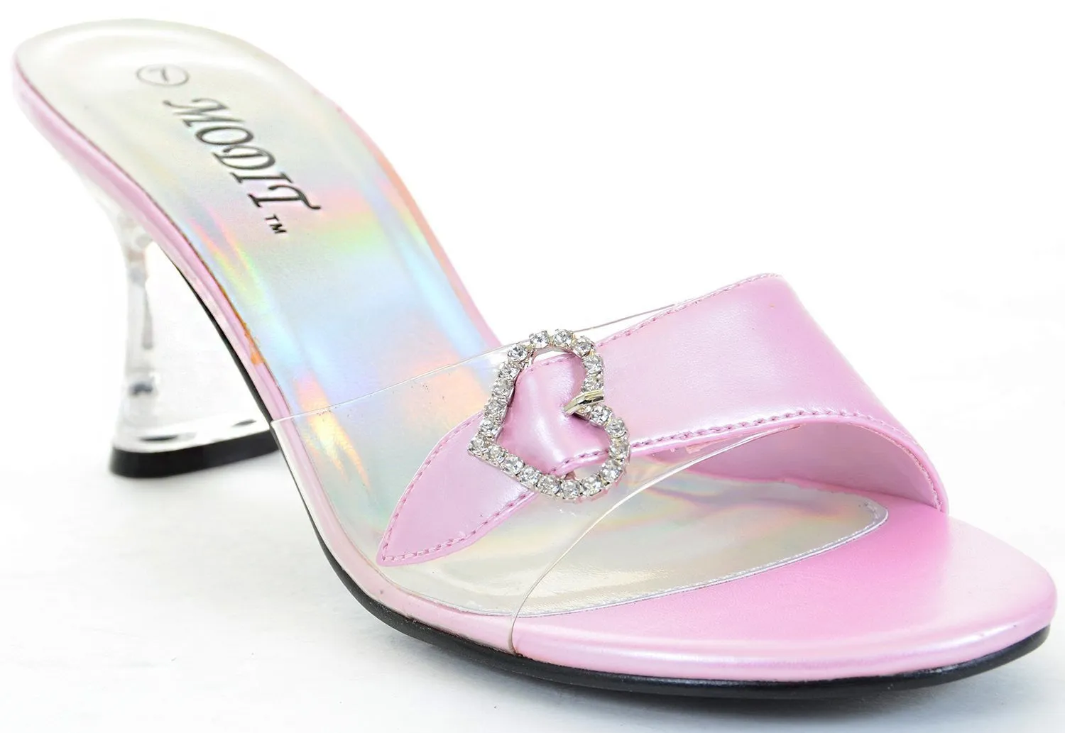 Clear Jeweled Heart Buckle Low Heel Slide Womens Shoes