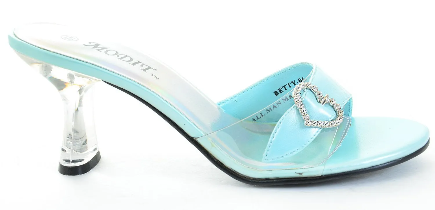 Clear Jeweled Heart Buckle Low Heel Slide Womens Shoes