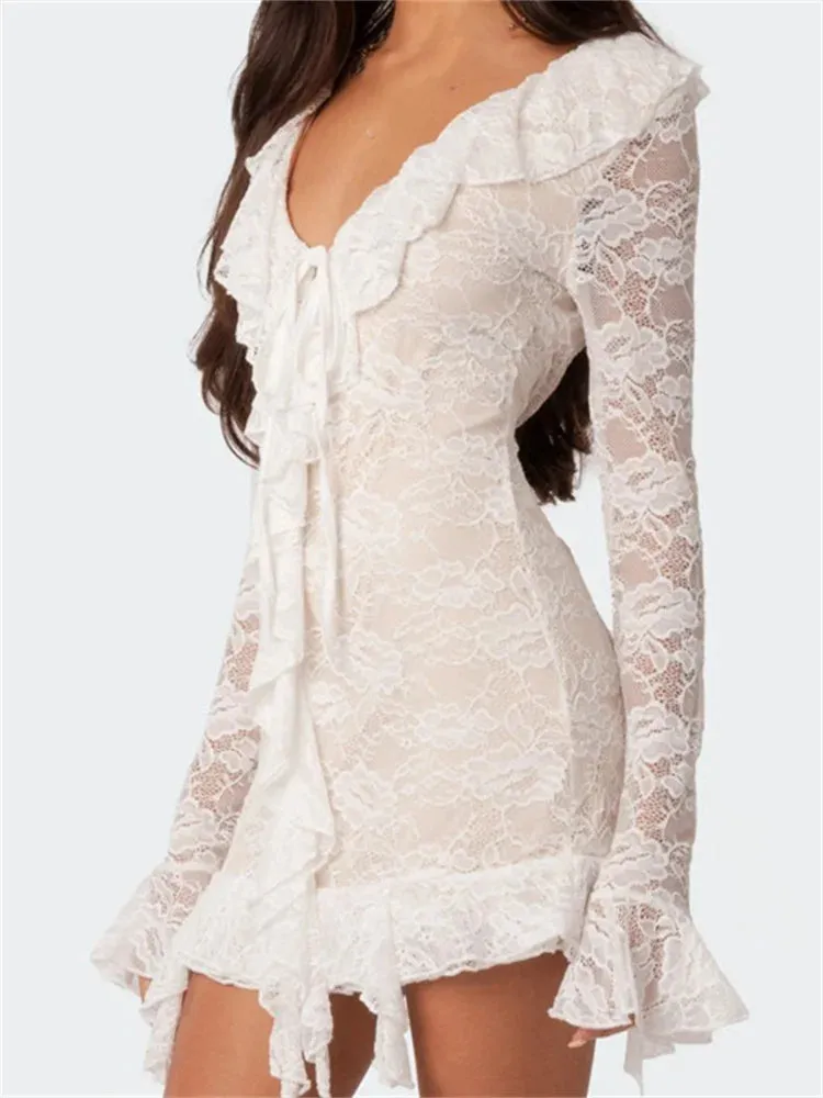 Elegant Lace Mesh Long Sleeve Mini Dresses