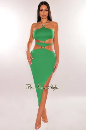 Emerald Halter Cut Out O-Ring Tie Up Slit Dress