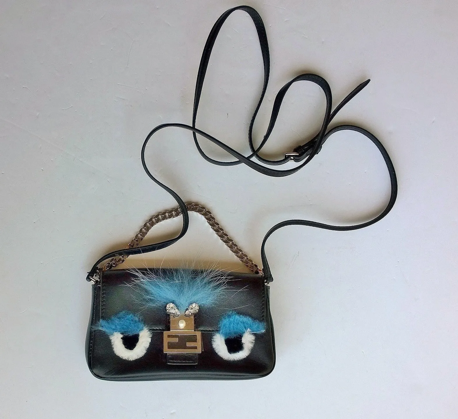 Fendi Micro Baguette With Fur Eyes and Rhinestone Details