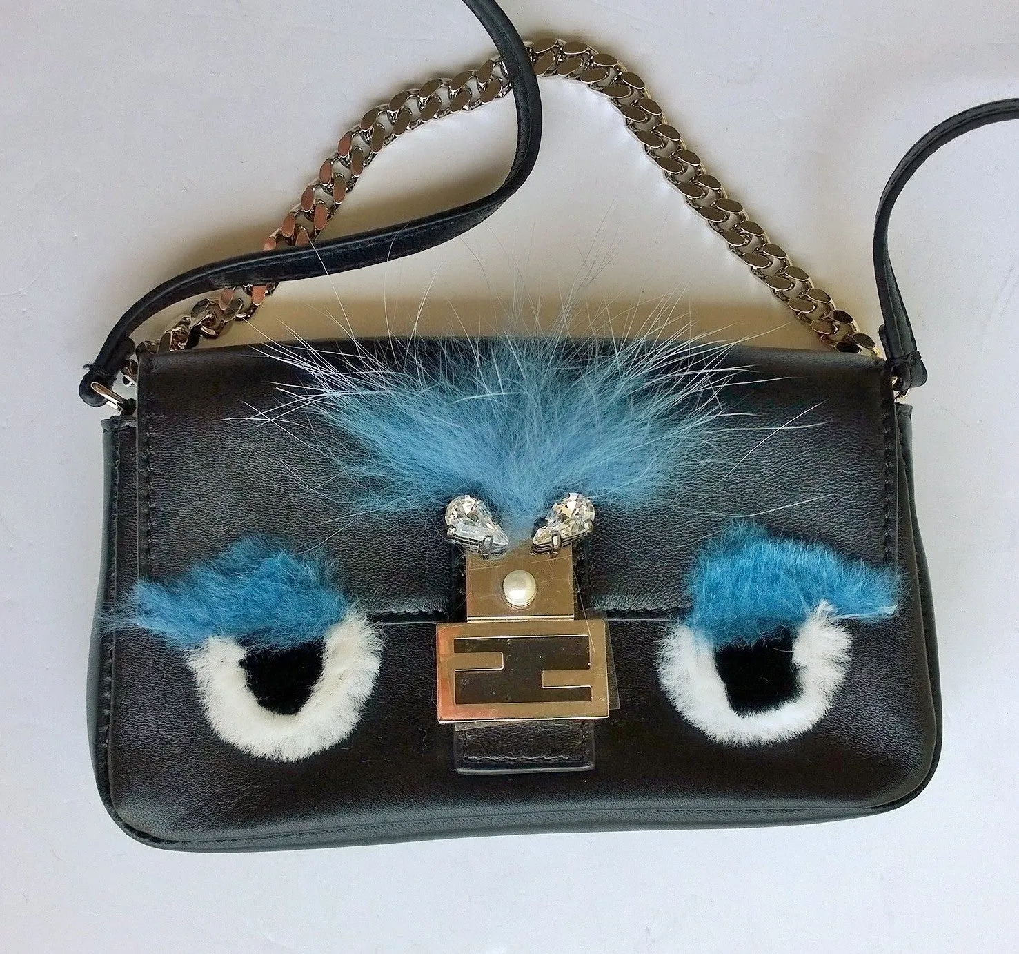 Fendi Micro Baguette With Fur Eyes and Rhinestone Details