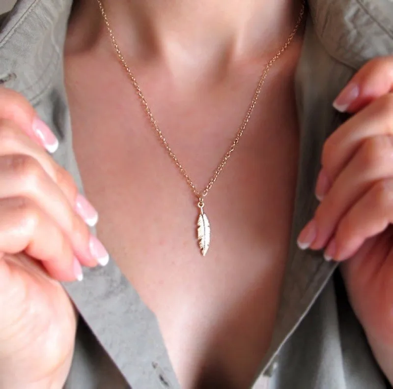 Gold Filled Feather Pendant Layer Necklace