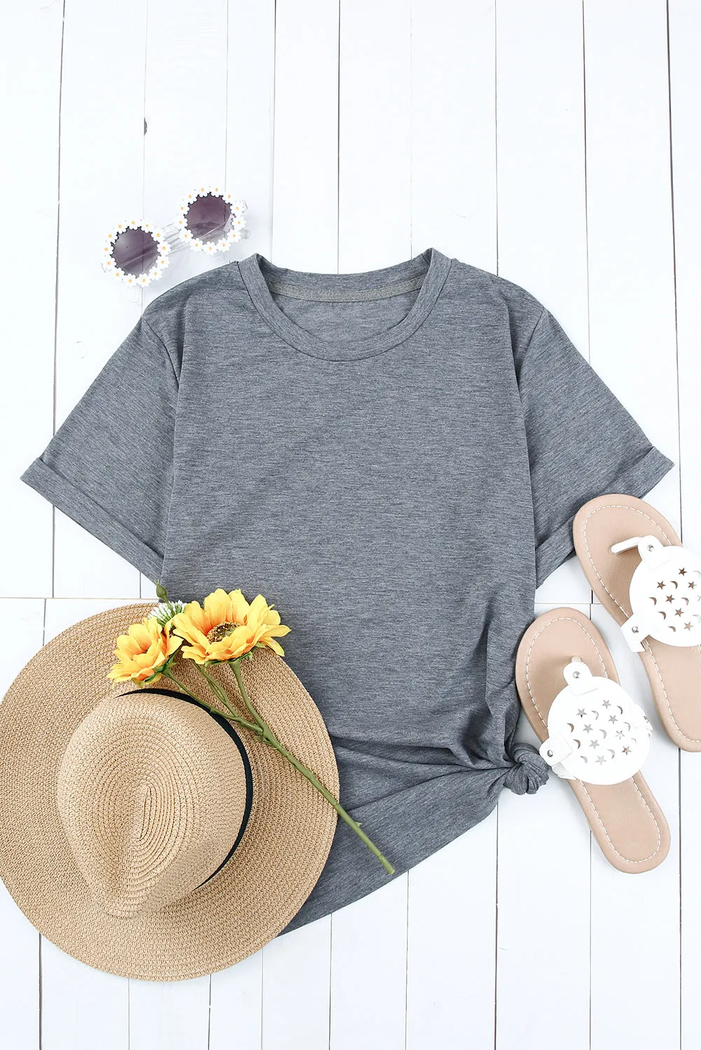 Gray Solid Color Crew Neck Tee