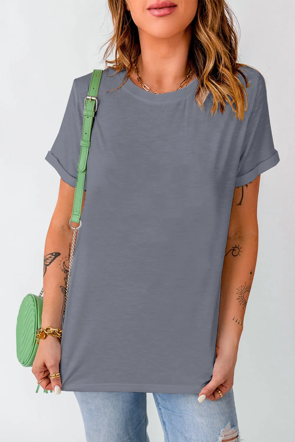 Gray Solid Color Crew Neck Tee