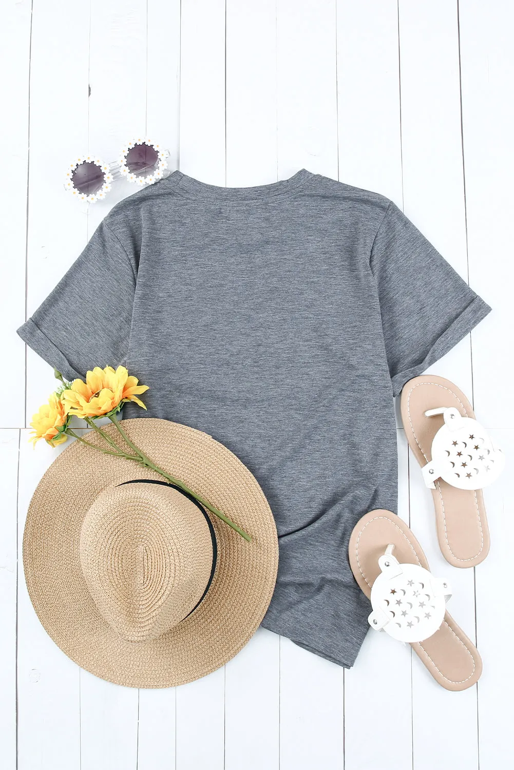 Gray Solid Color Crew Neck Tee